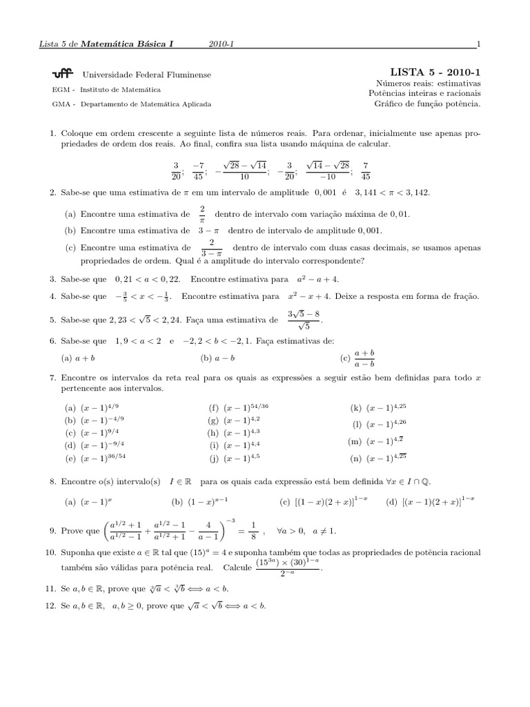 Lista 05 - Matemática Básica I | PDF | Número real | Matemática elementar