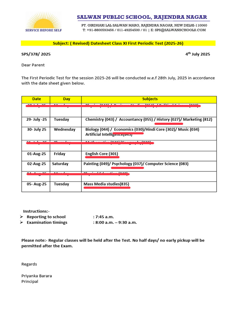 (Revised) Datesheet Periodic Test - I Class Xi | PDF | Geography ...