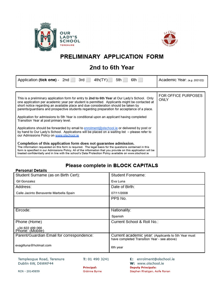 Application Form 2nd To 6th Year | PDF