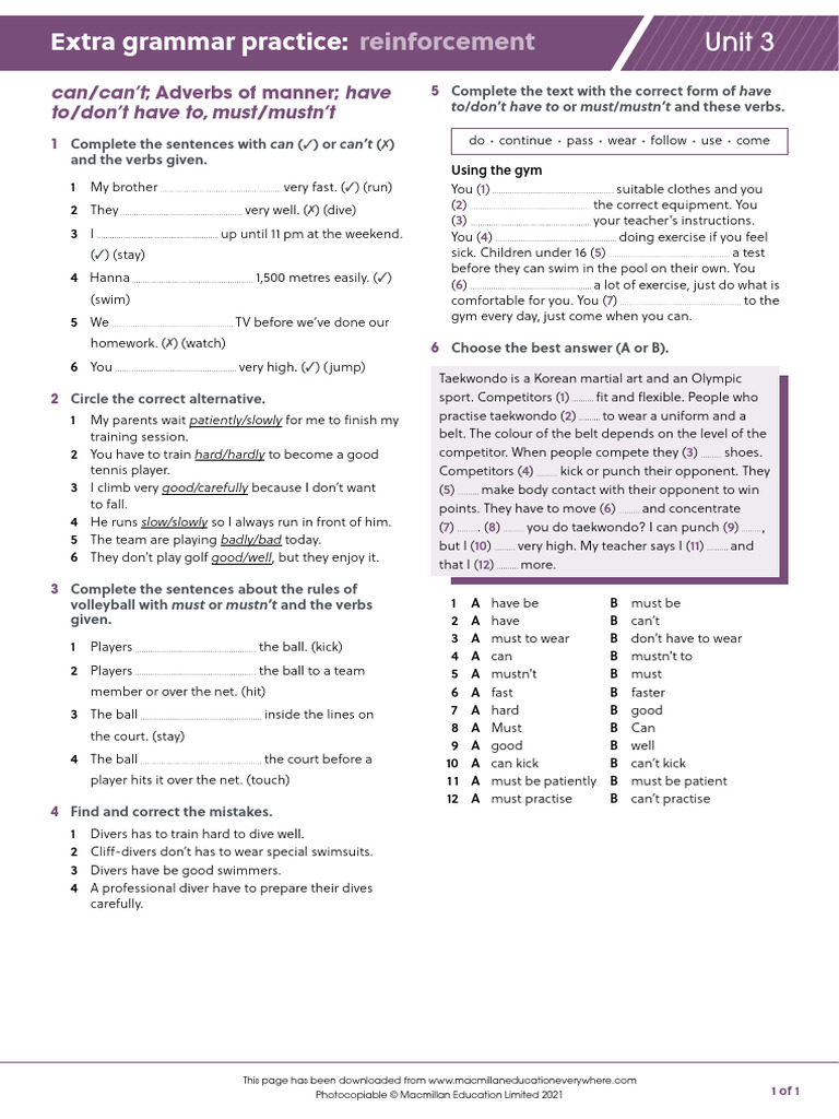 Level2 U3 Extra Grammar Practice Reinforcement | PDF | Underwater Diving