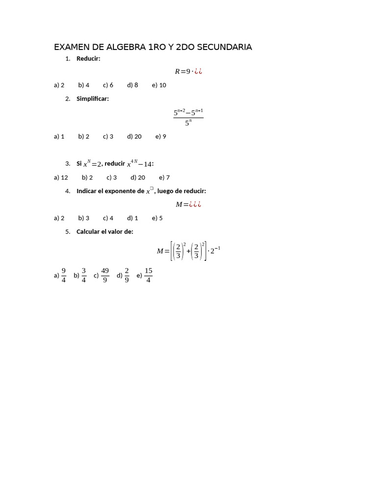 Examen de Algebra 1ro y 2do Secundaria | PDF