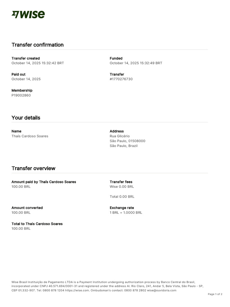 Wise Transfer Confirmation Transfer 1770276730 6538920963 PT | PDF ...