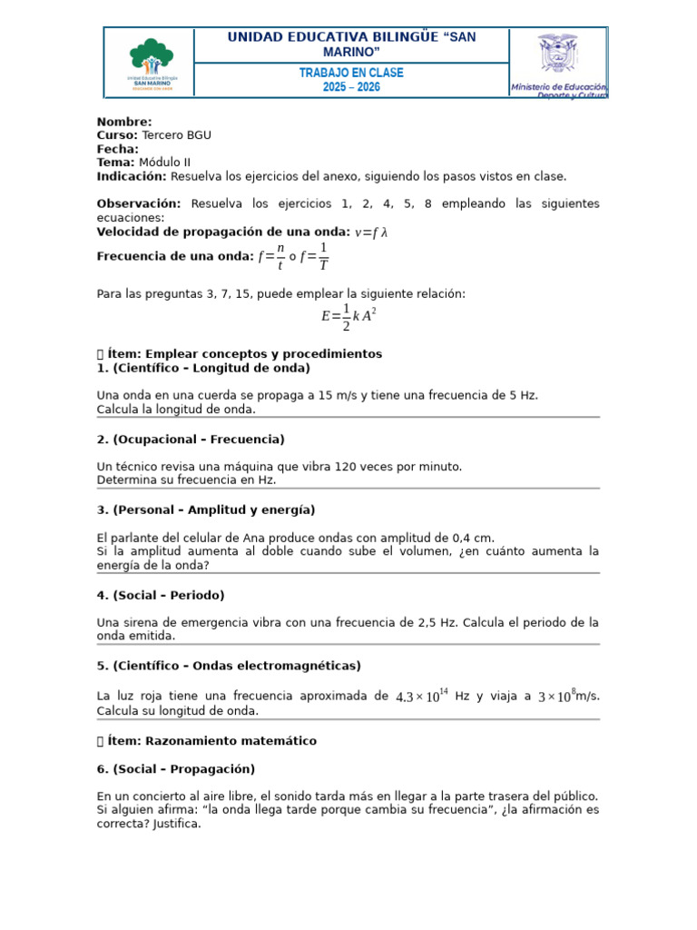Trabajo en Clase 2 3ro BGU - Ejercicios Módulo II | PDF | Olas | Frecuencia
