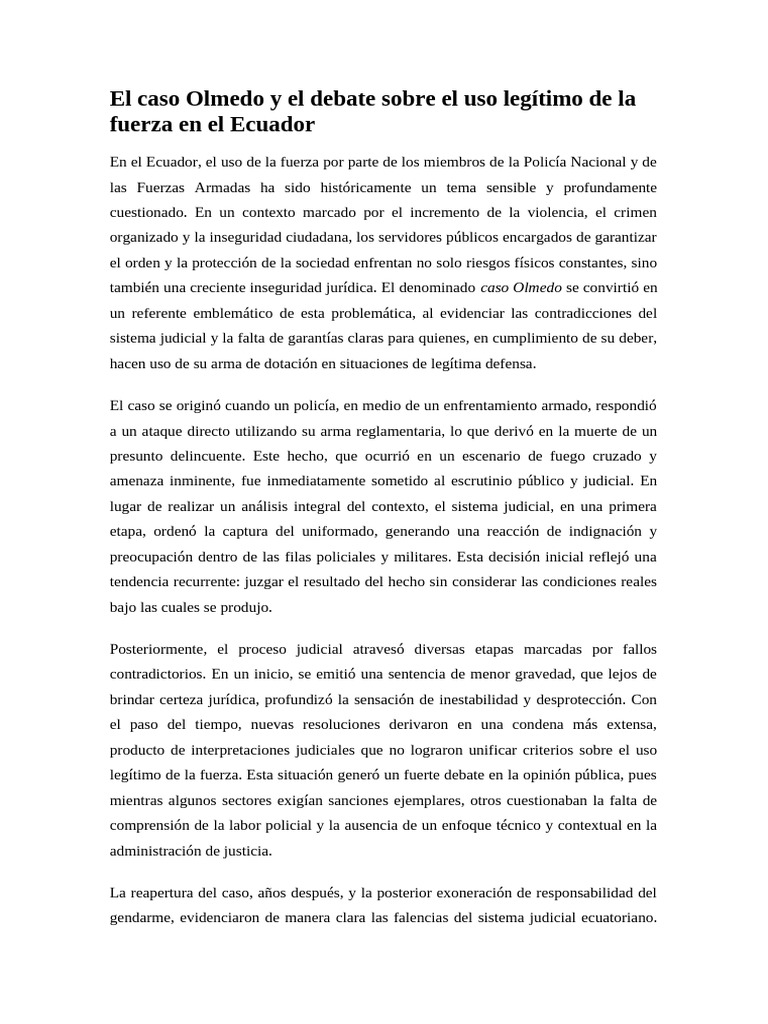 El Caso Olmedo y El Debate Sobre El Uso Legítimo de La Fuerza en El ...