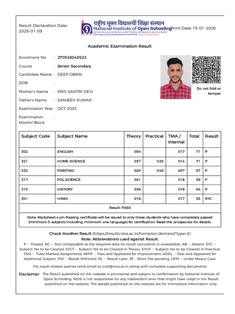 Result - National Institute of Open Schooling Deep 12 TH Result | PDF