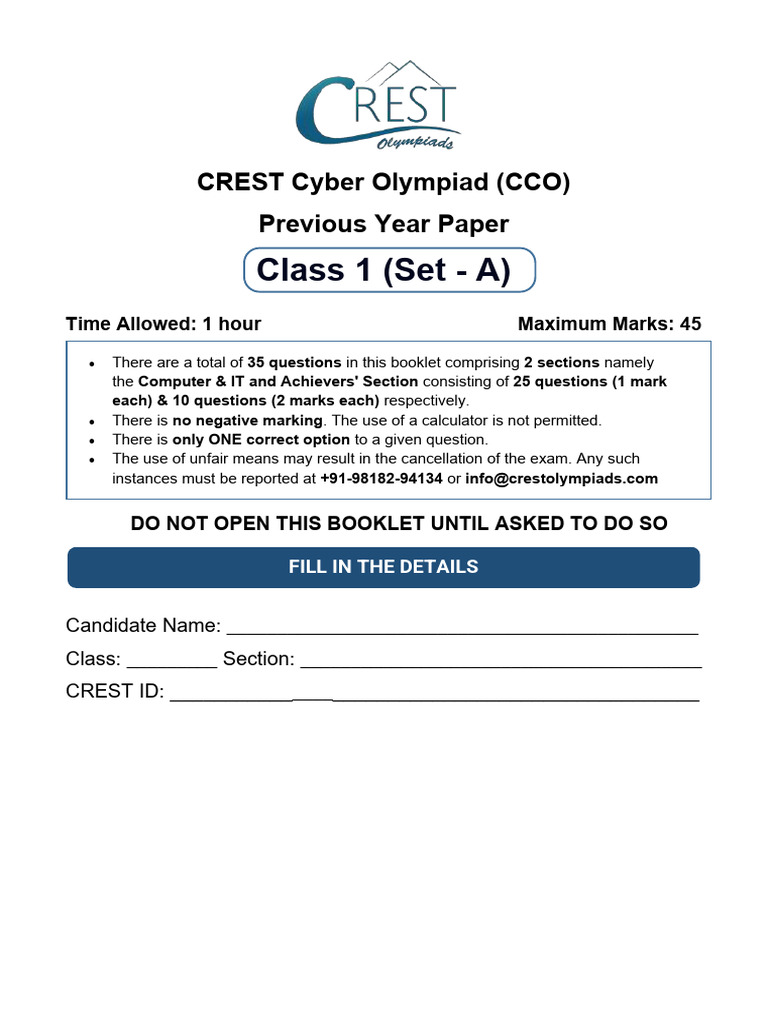 CCO Previous Year For Class 1 | PDF | Icon (Computing) | Computer Keyboard