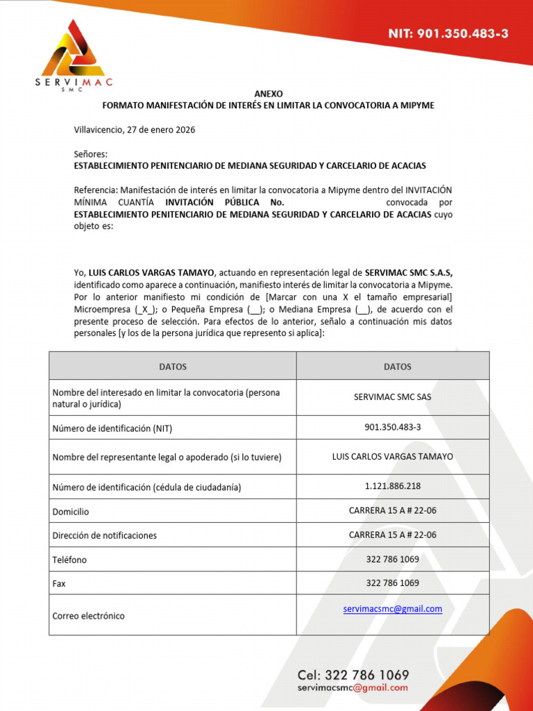 2026 - Manifestacion de Limitar Mipyme.1docx | PDF | Contador
