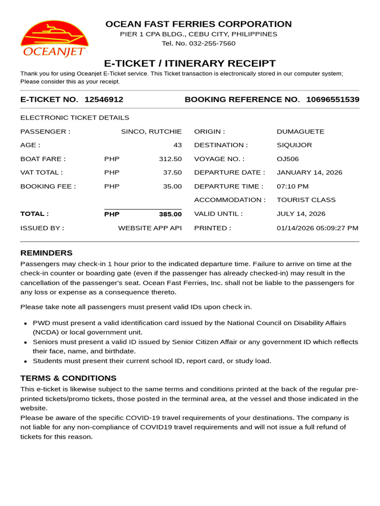 Oceanjet Dum Siq Sinco Rutchie 2026 01 14 | PDF | Public Transport