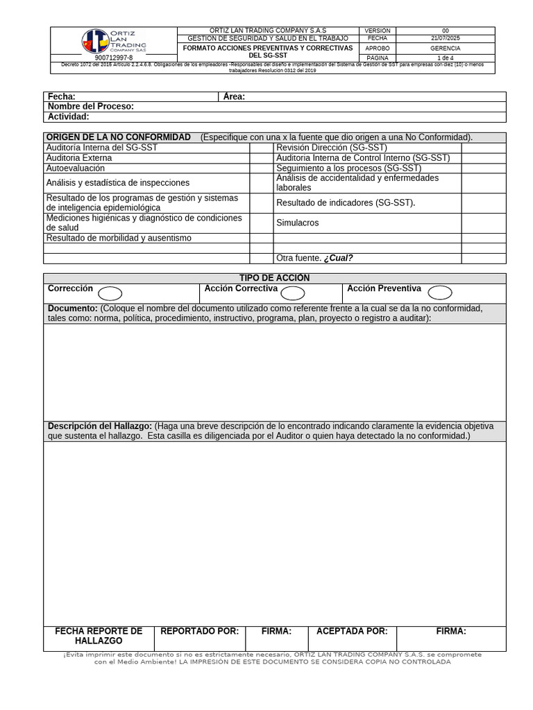 Formato de Acc Prev y Corr | PDF | Auditoría
