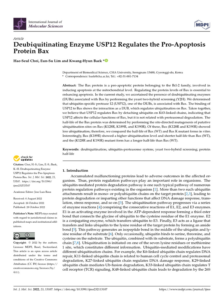 Deubiquitinating Enzyme USP12 Regulates the Pro-Apoptosis Protein Bax ...