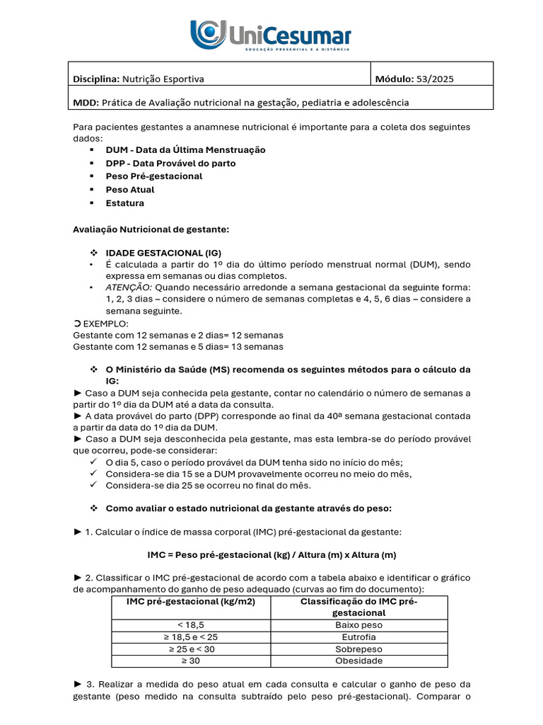 Prática de Avaliação Nutricional de Gestante, Criança e Adolescente ...