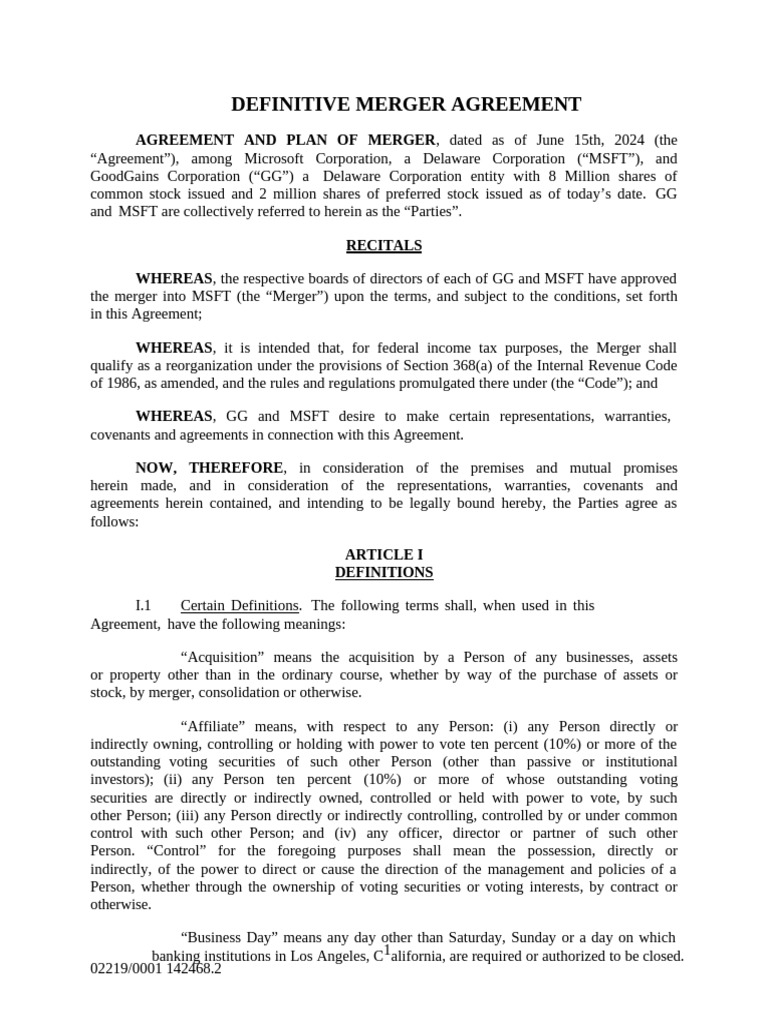 MSFT Merger Agreement PDF | PDF | Employment | Securities (Finance)