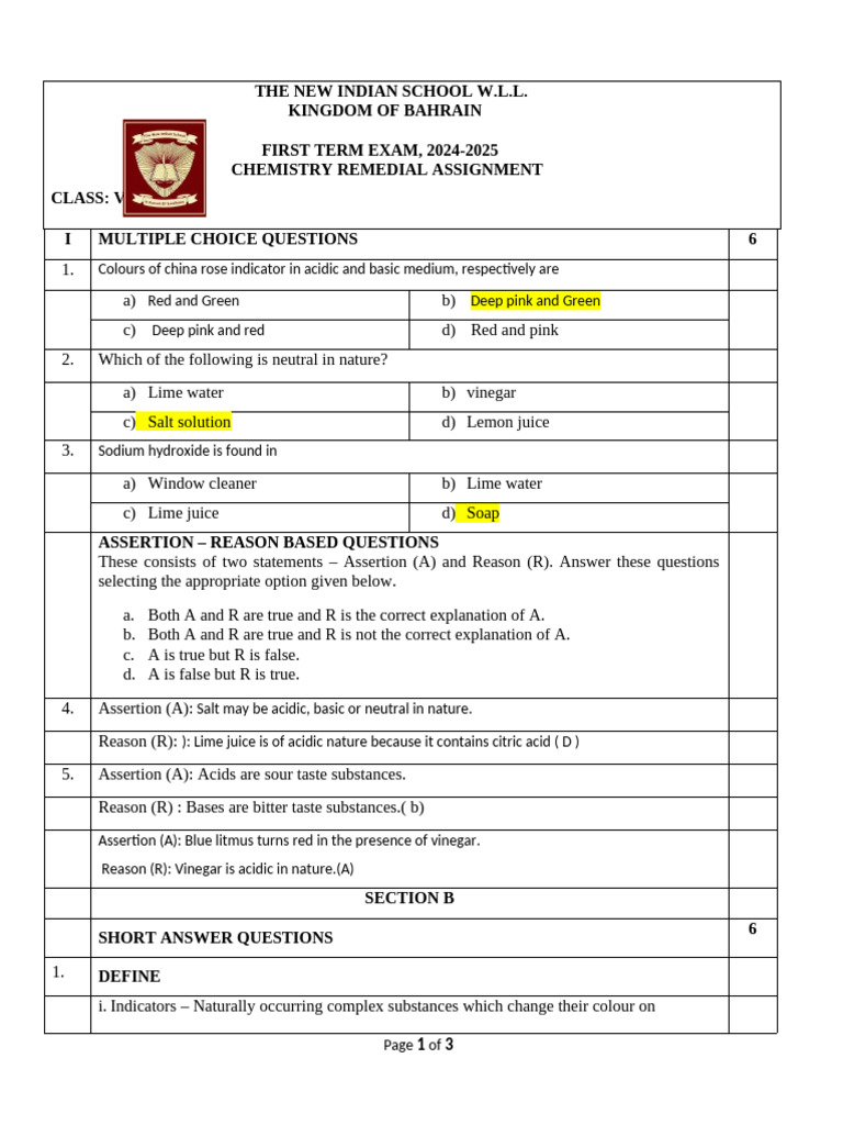 Chemistry Class 7 Remedial Paper 2024 - 25 | PDF | Acid | Taste