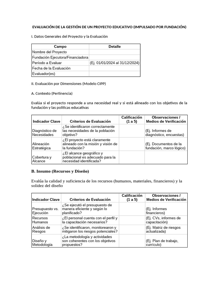 Evaluación de La Gestión de Un Proyecto Educativo | PDF