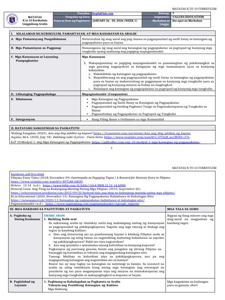 DTC - DLL Matatag - Values Education 7 q4 w1 | PDF