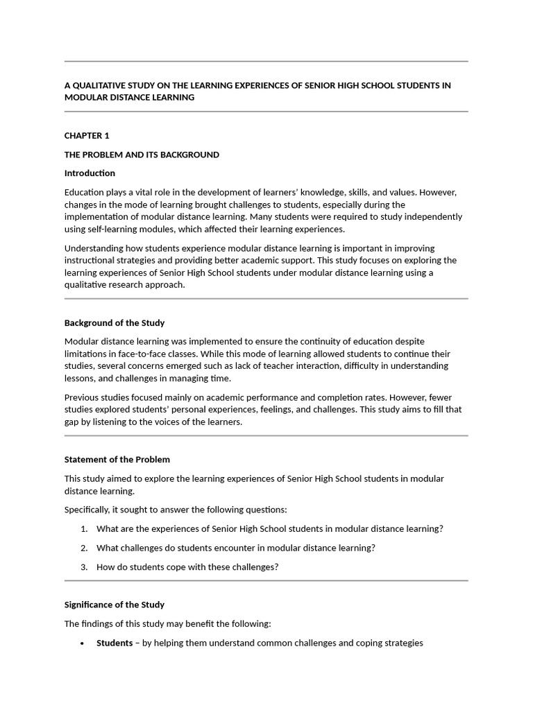 A Qualitative Study On The Learning Experiences of Senior High School ...
