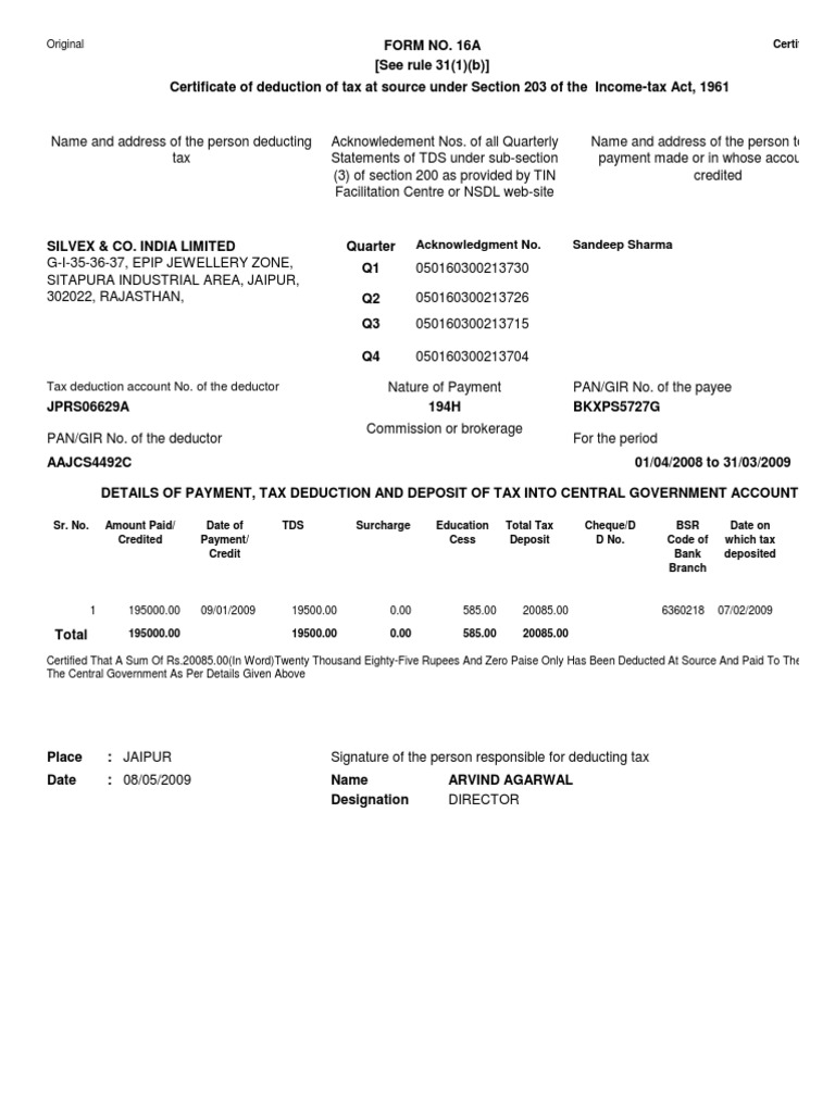 TDS Certificate Form 16A Jaipur 2009 | PDF | Finance & Money Management
