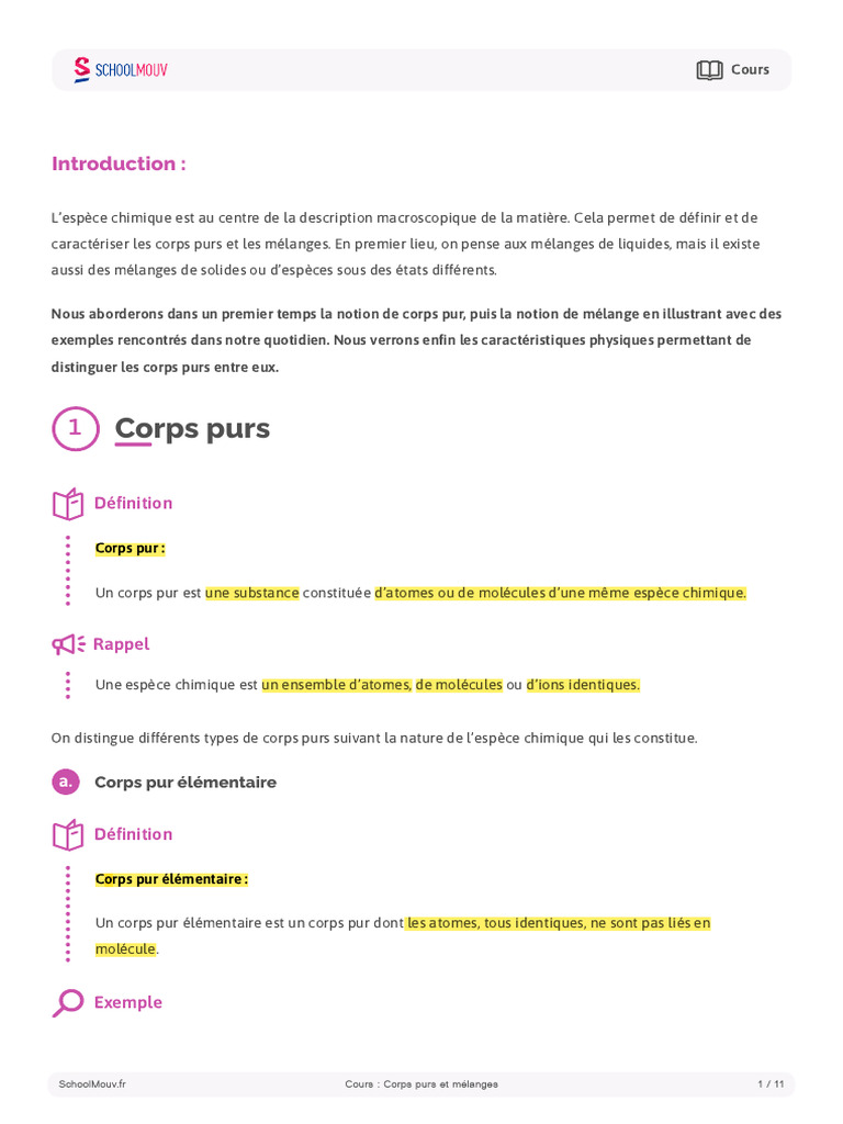Corps Purs Et Melanges Fiche de Cours | PDF | Chimie | Atomes