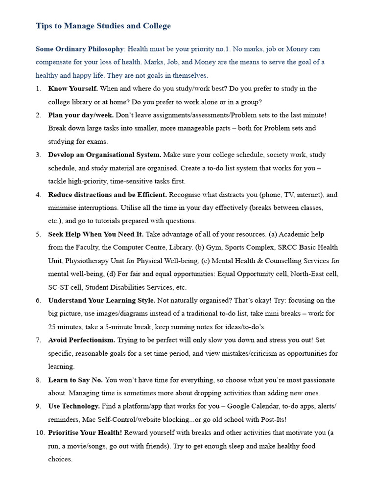 Tips To Manage Studies and College | PDF | Well Being | Psychology