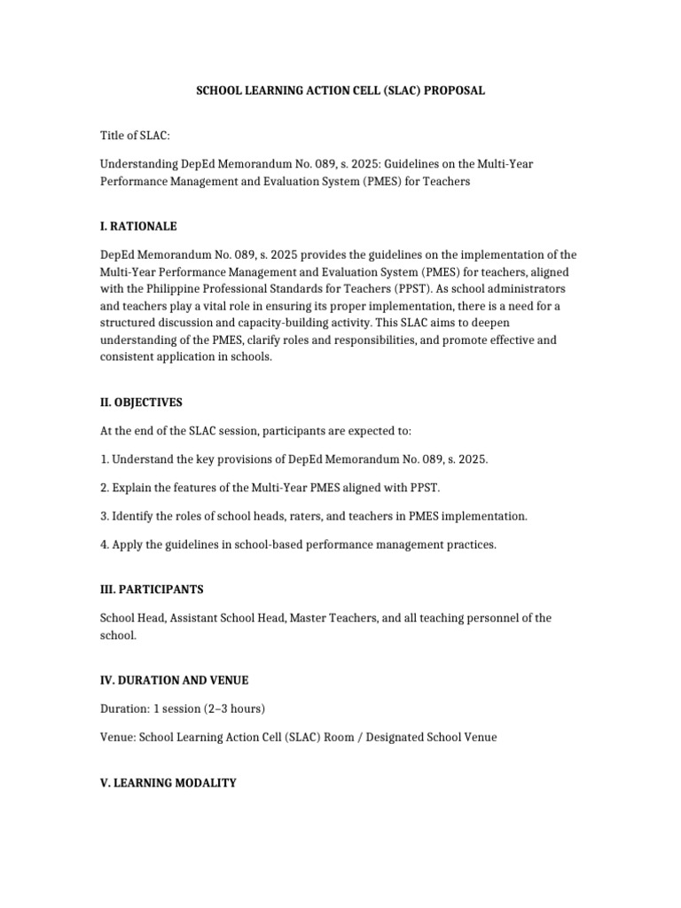 SLAC Proposal DepEd Memo 089 S 2025 PMES | PDF