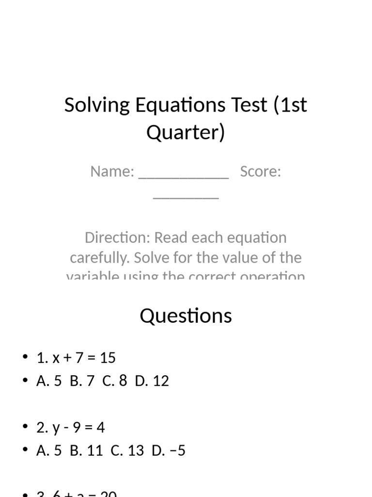 Solving Equations Test | PDF