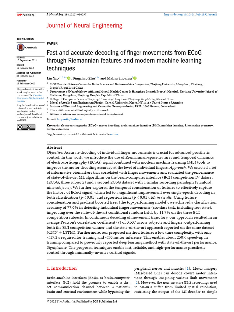 Fast and Accurate Decoding of Finger Movements Fro | PDF | Support ...