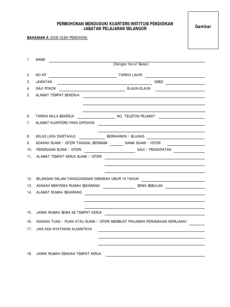 Borang Permohonan Menduduki Kuarters Ppd Petaling Utama Pdf