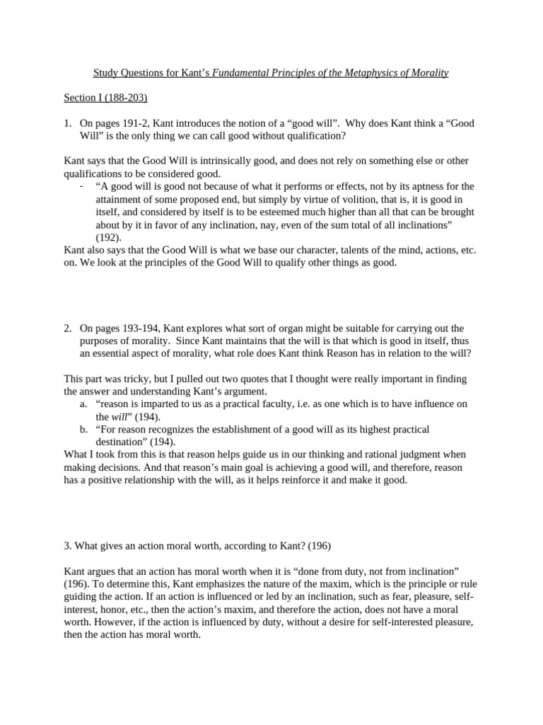 Kant Reading Questions, Sections I & II | PDF | Immanuel Kant | Reason