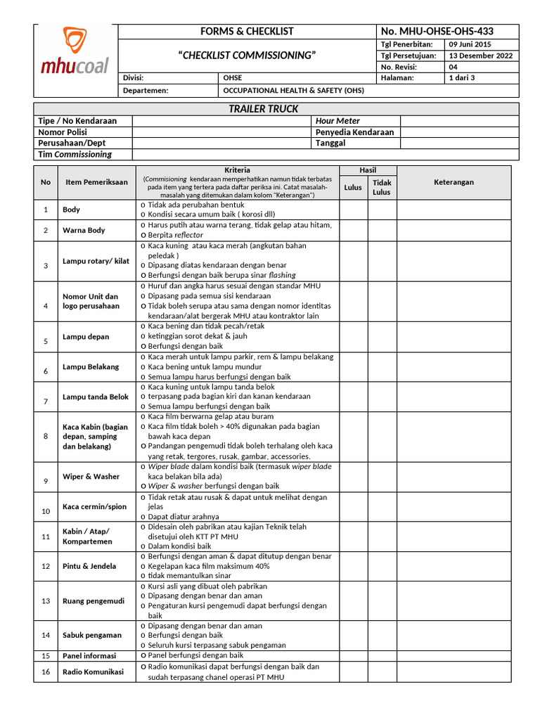 7Y4nwA4 FORM MHU OHSE OHS 433 Checklist Commissioning Trailer Truck ...