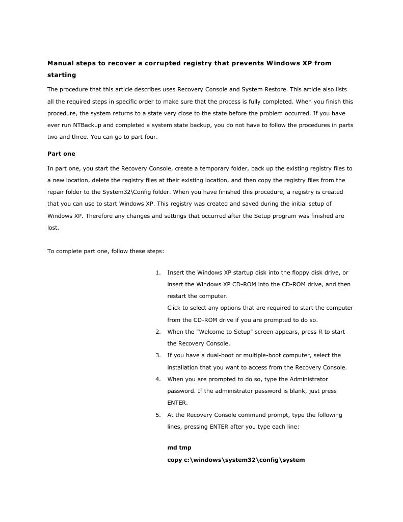 Windows XP Registry Recovery Guide | PDF | Computer File | Windows Registry