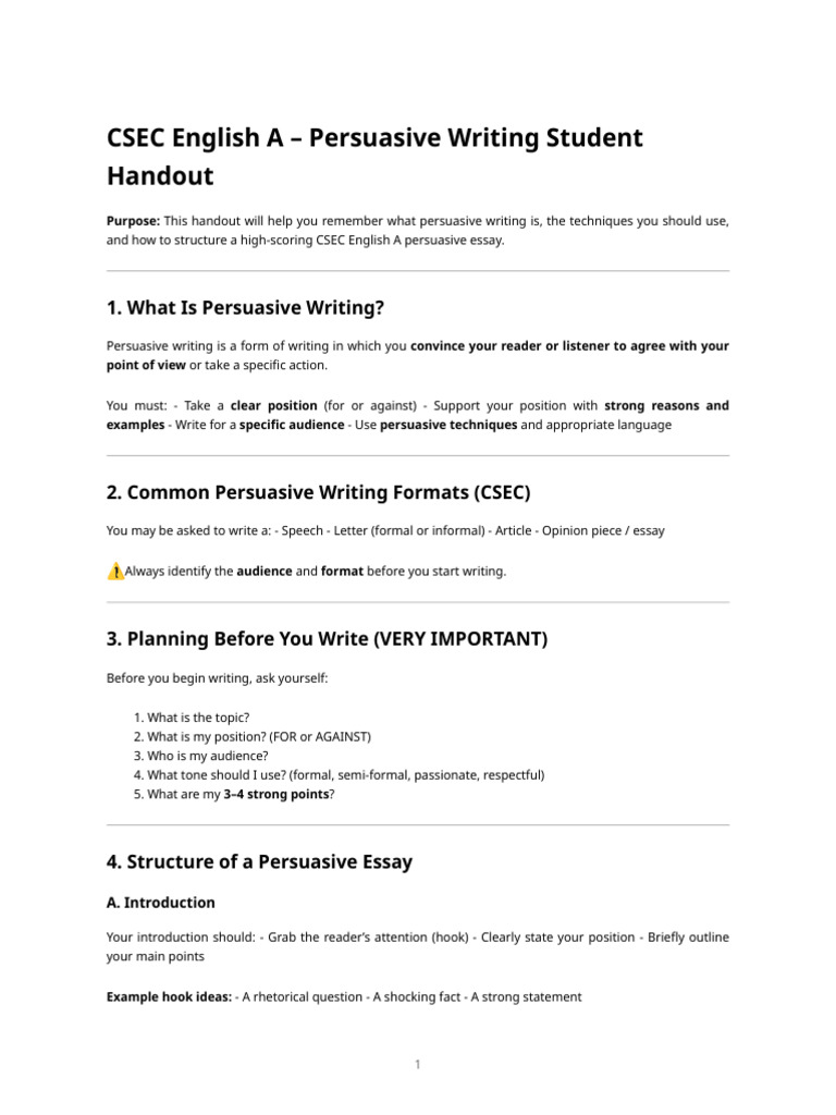 Csec English A - Persuasive Writing Student Handout | PDF | Rhetoric ...