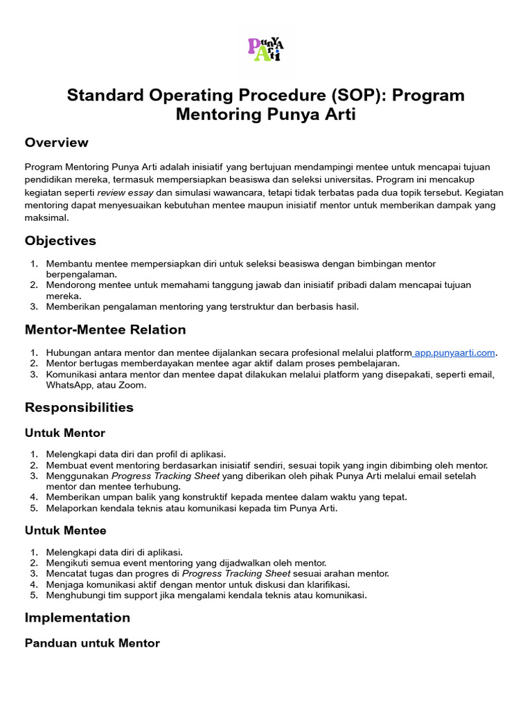 Standard Operating Procedure SOP Program Mentoring Punya Arti | PDF