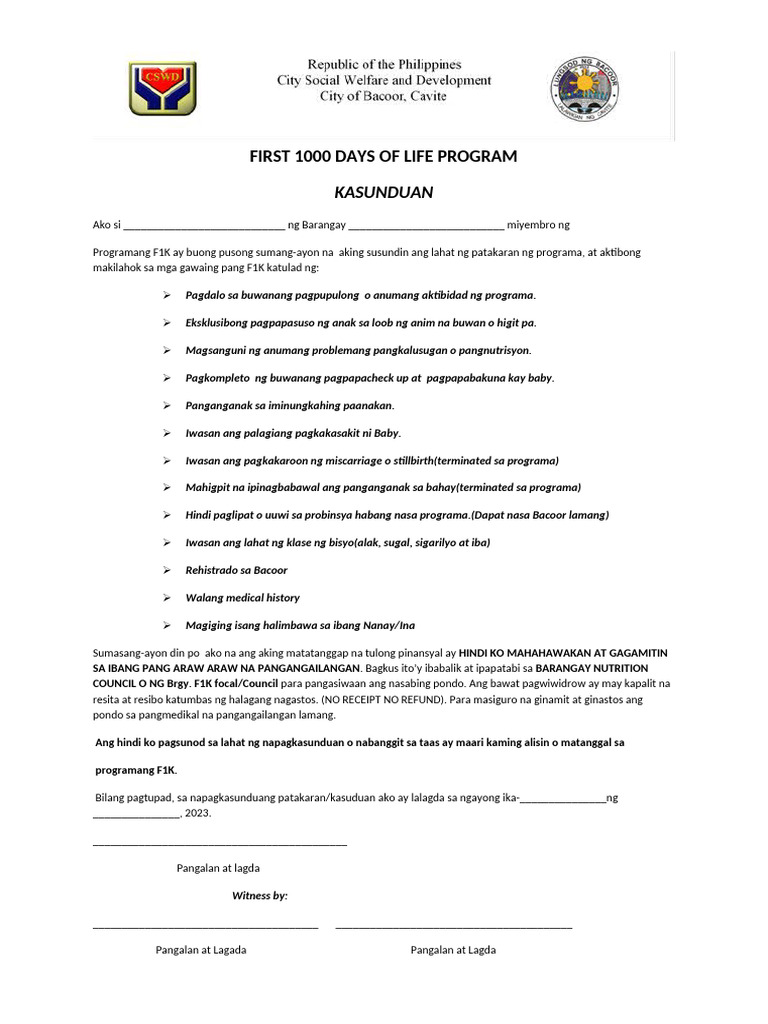 First 1000 Days of Life Program Kasunduan | PDF