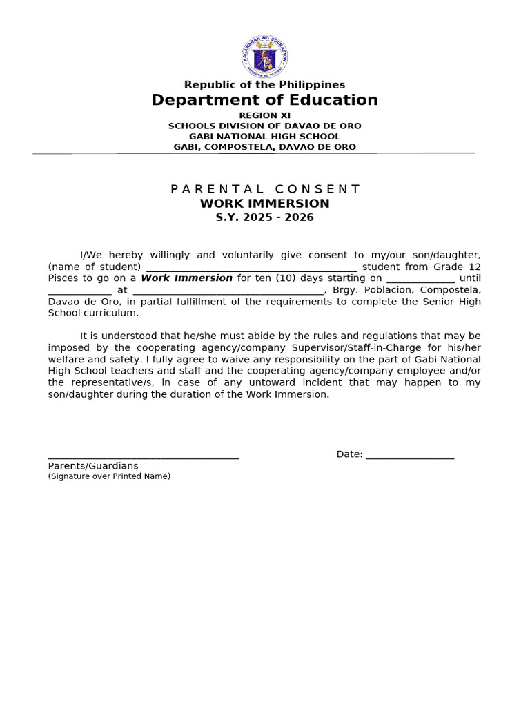 Parental Consent Work Immersion | PDF