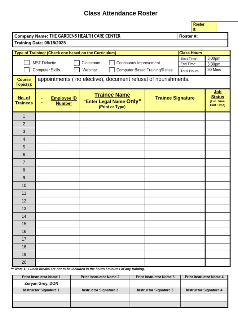 Attendance - Inservice Roster- MAR | PDF