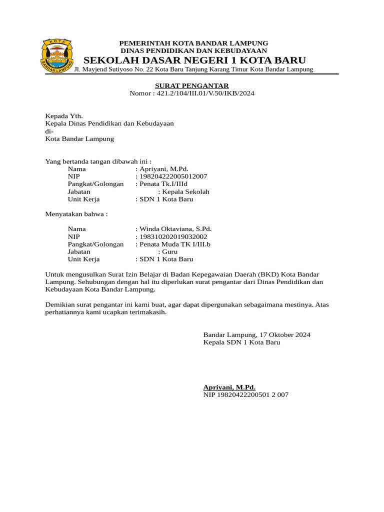 SURAT - Balasan Penelitian SDN 1 Kota Baru | PDF