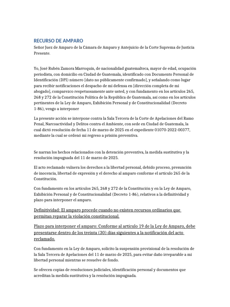 Recurso de Amparo Jose Ruben Zamora Subrayado | PDF | Justicia | Crimen ...