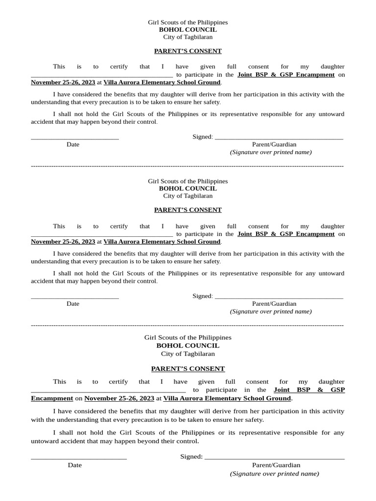 GSP PARENTS CONSENT | PDF | Youth Organizations | Girl Guiding And Girl ...