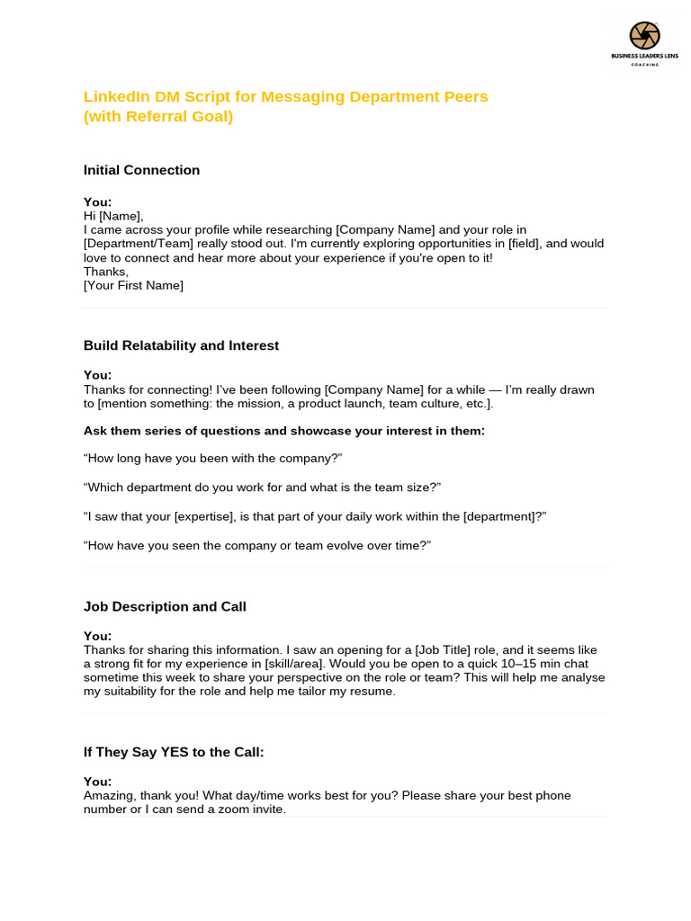 LinkedIn DM Script For Messaging Department Peers | PDF | Résumé ...