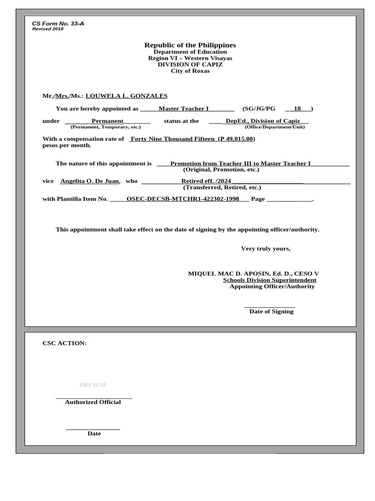 CS Form 33 New Frontback For MT1 | PDF | Philippines