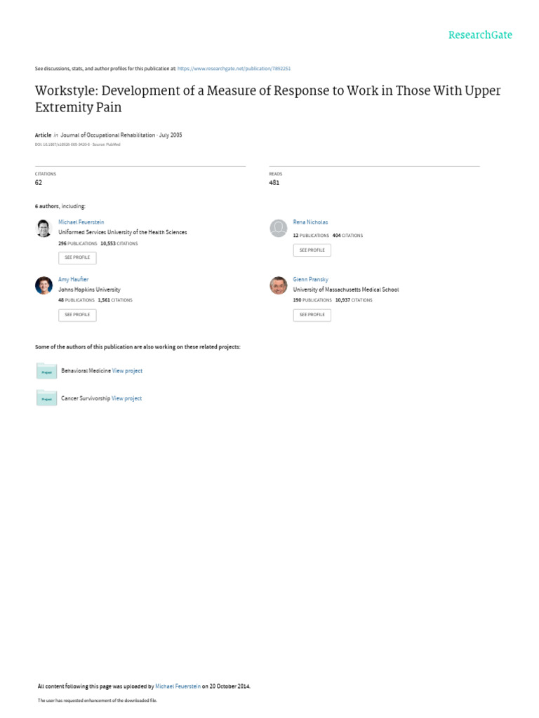 Workstyle Development of A Measure of Response To Work in Those With ...