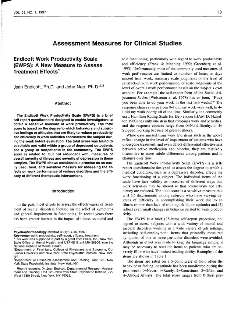 Endicott Work Productivity Scale (EWPS) A New Measure To Assess ...