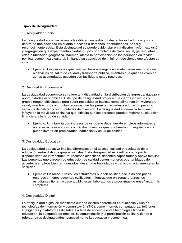 Tipos de Desigualdad | PDF | Desigualdad social | Discriminación y ...