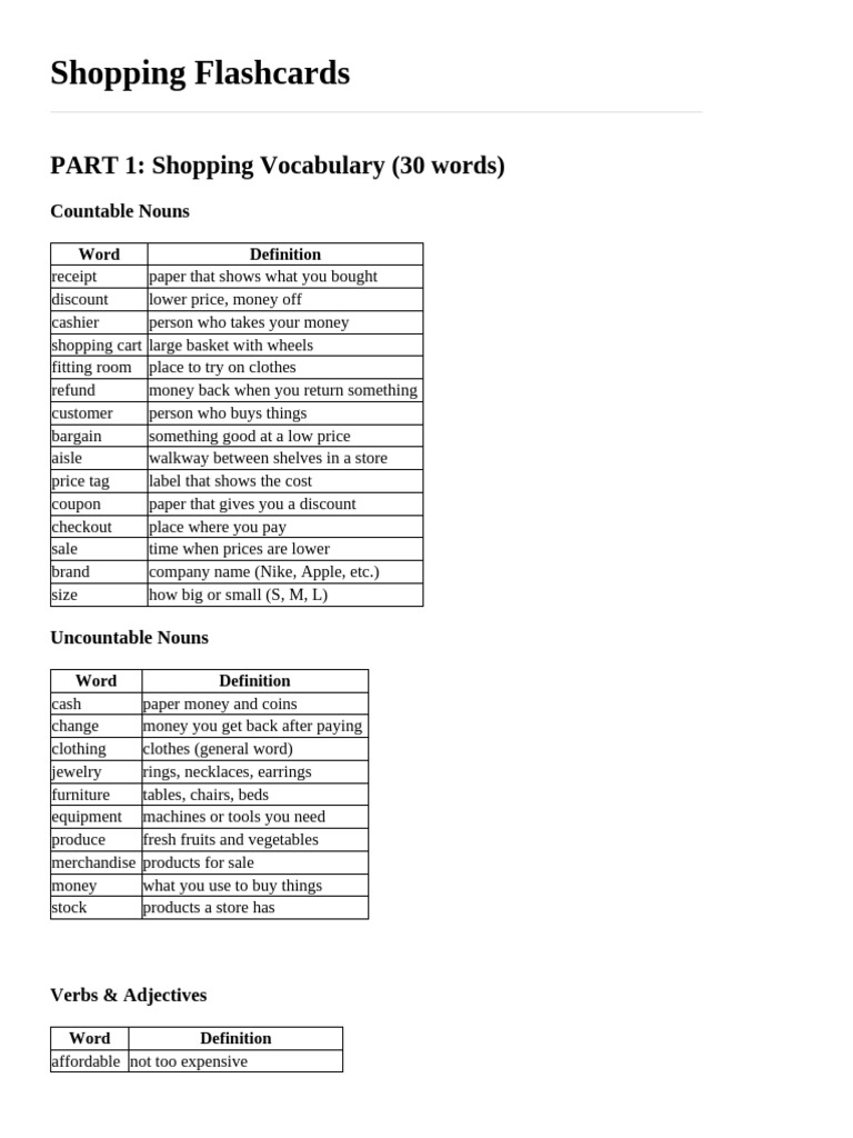 ES4 - Shopping Flashcards | PDF | Noun | Money