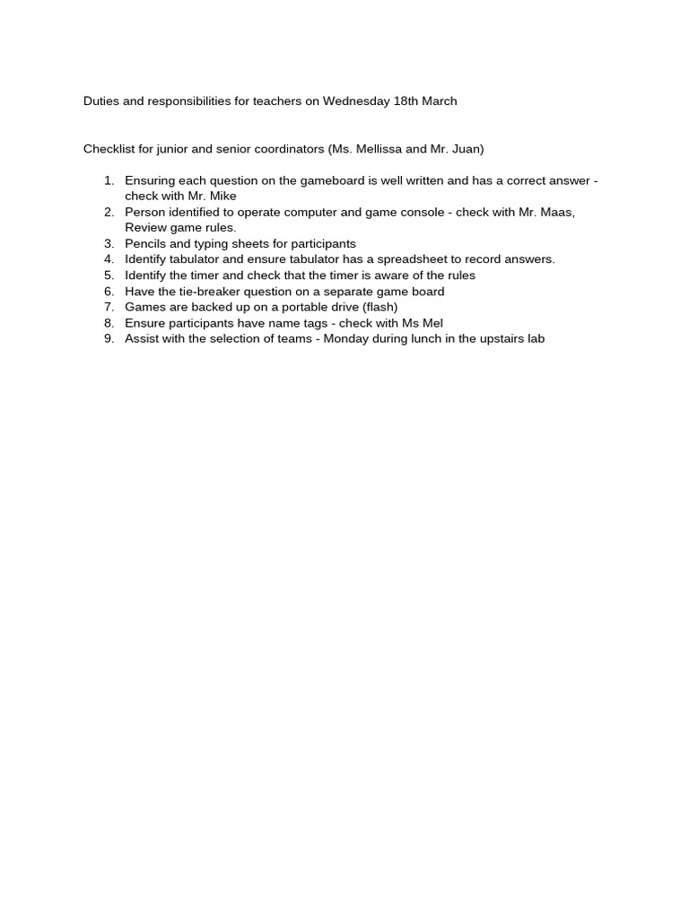 Checklist for Junior and Senior Coordinators (Mr | PDF