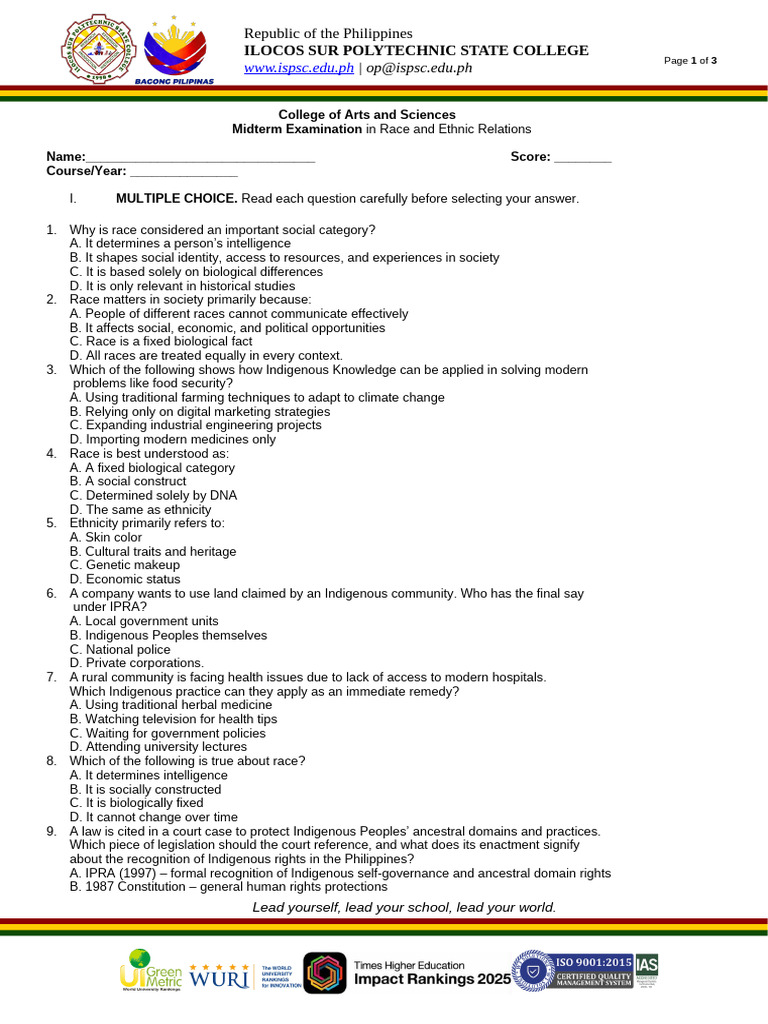 Midterm Exam Race and Ethnic | PDF | Race (Human Categorization ...