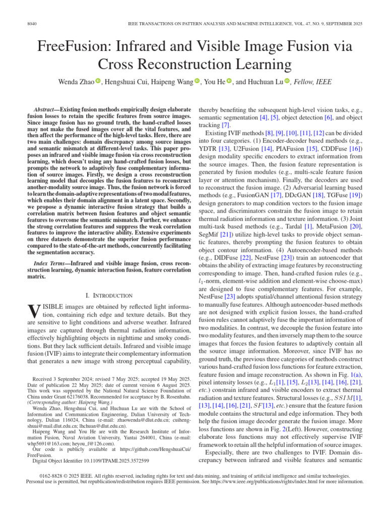 FreeFusion Infrared and Visible Image Fusion Via Cross Reconstruction ...