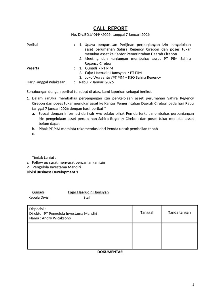 CALL REPORT - Visit Lokasi Sahira Regency Cirebon | PDF