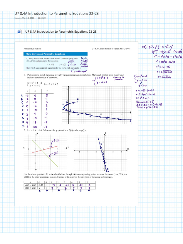 U7 8.4A Introduction to Parametric Equations 22-23 | PDF
