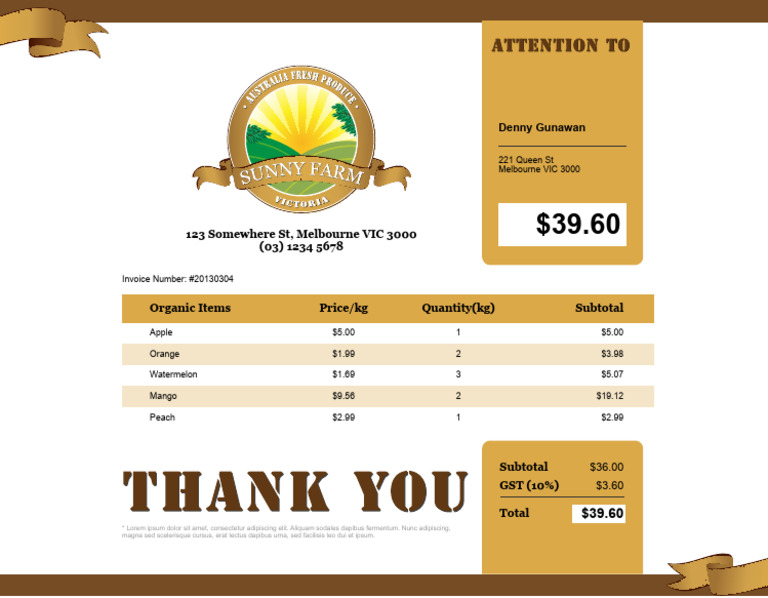 Sunny Farm Invoice Sample | PDF